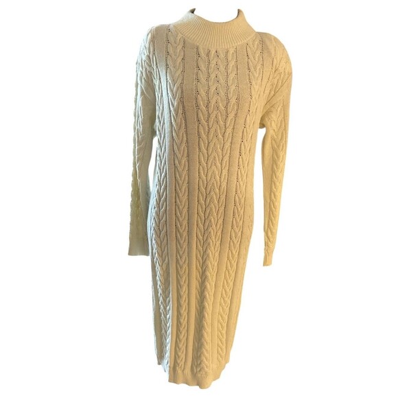 Vintage Knitmakers Dress‎ Ivory Long Sleeve Shoulder Pad Turtleneck S - Picture 1 of 10